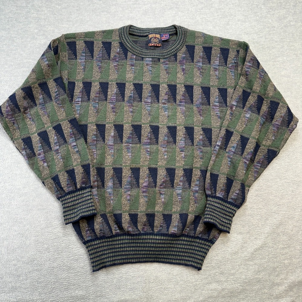 VTG‎ Sweater House Sweater Mens Medium Green Blue Geometric Knit Cosby Style